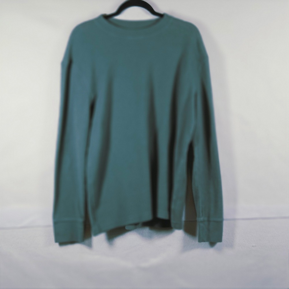 Mens Waffle Knit Thermal Large Teal Green Crewneck Casual Minimalist Gorpcore